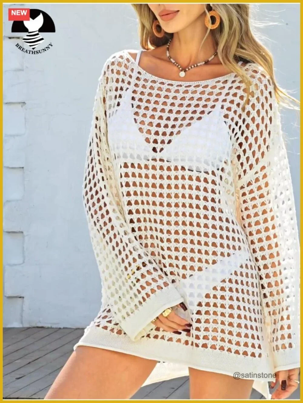 Crochet Mesh Swimsuit Cover Up Oversized Long Sleeve Mini Dress Beach Bathing